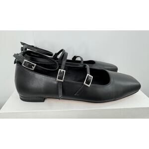 Quince Black Italian Leather Strappy Ballet Flats Mary Jane Double Strap NWB 9